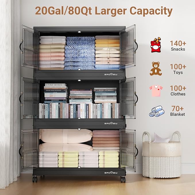 BROVIEW 320Qt Stackable Storage Bins with Lid for Home Dorm, 4Pack Black | Closet Organizers, Foldable & Collapsible Cabinets, Large Containers, Wheels & Magnetic Doors, Plastic Drawers for School