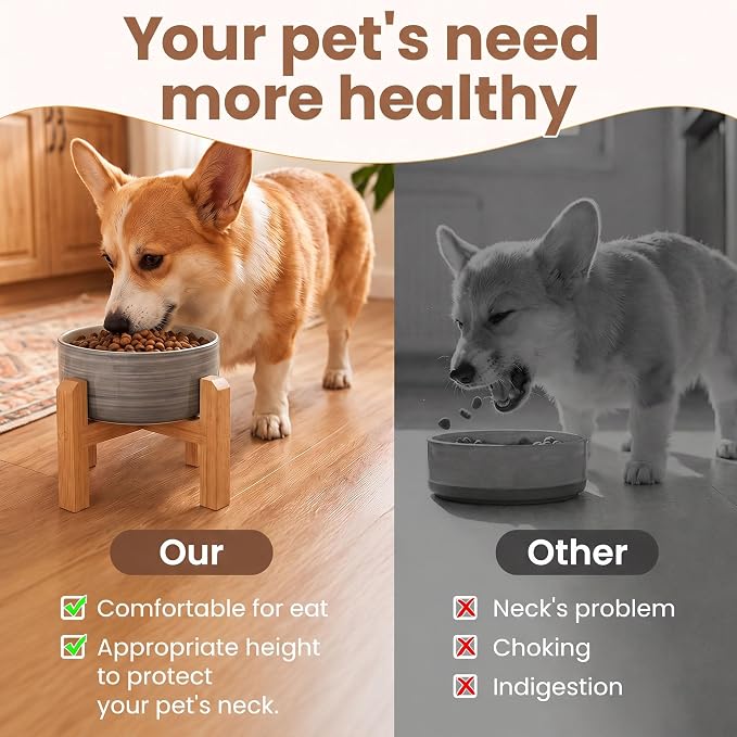 hjn Elevated Ceramic Dog Bowl with Bamboo Stand, Raised Pet Feeding Station for Small Medium Dogs Cats, Modern Design with Anti-Slip Base (White Gray, 3.6Cup)
