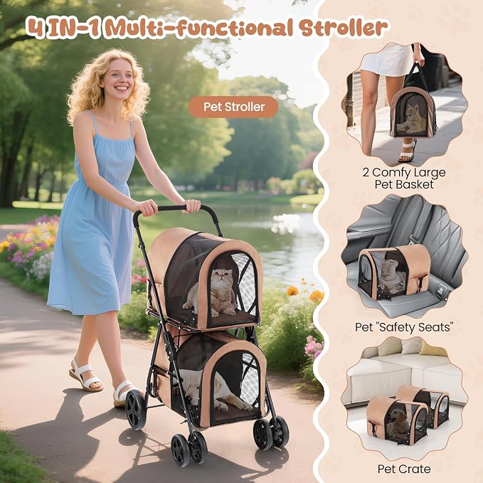 Dog Stroller with 2 Detachable Carrier, Pet Stroller for Small Medium Dogs Cats, Jogger/Travel/Camping, 4-in-1 Doggy Pet Carrier, Carrier Strolling Cart with Lockable Wheels (Beige)