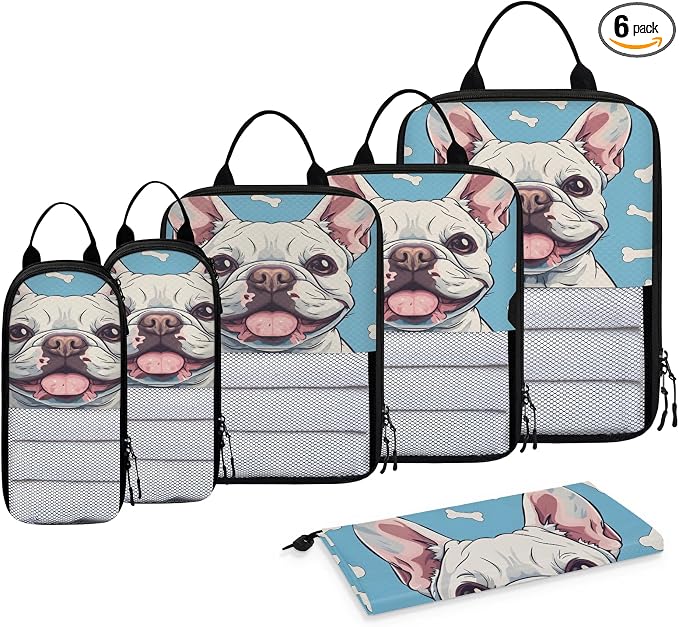 Dog Print Compression Packing Cubes Animal 6 Set Travel Packing Cubes for Suitcases Lightweight Expandable Organizers