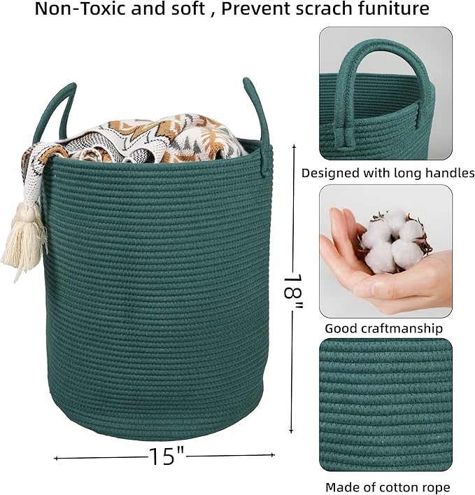 XUANGUO Cotton Rope Laundry Basket Hamper for Clothes Large Dark Green | Baby Nursery Hamper Bin and Woven Storage Basket for Living Room Bedroom Boho Tall Rope Baskets Blankets Toys Pillows Towels