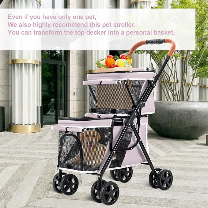 Double Pet Stroller for 2 Dogs & Cats, Double-Decker, Pink | One-Hand Fold Two-Tier Stroller with Separate Cabins, 44 lb Capacity, 4 Tethers, Locking Front Wheels and Rear Brakes