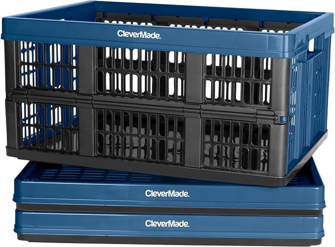CleverMade Collapsible Utility Crate (Recycled) - 45L - Ocean (3PK) | Create Stackable Order for Groceries, Tools, and Gear | Each Crate Holds 66 lb, Folds Under 3 Inches, and Carries Easily