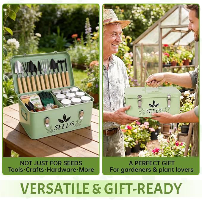 Spring Seed Storage Organizer | 3-Compartment Metal Seed Box with Locking Lid | 18 Wide-Mouth PET Vials, 30 Envelopes, 500+ Labels | Portable Seed Bank & Gift (Mint Green)
