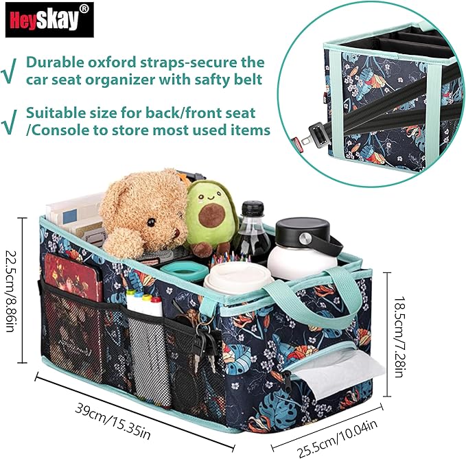 HEYSKAY Backseat Car Organizer Car Caddy Passenger Seat Organizer for Kids | Collapsible Small Car Storage, Console Front Seat Car Organizer for Truck, SUV and Minivan, Adjustable Compartment Space
