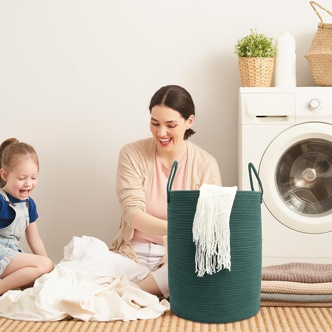Woven Cotton Rope Laundry Basket, 15x20 Laundry Hamper, Dark Green | Rope storage basket for dirty clothes, toys and blankets. Perfect for bathroom, baby nursery and living room storage.