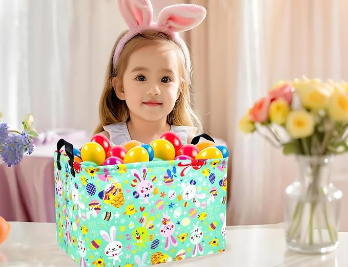 Large Rectangular Easter Baskets Empty Waterproof Boy Toy Box Foldable Kid's Gifts Storage Bin Spring Room Decor(Green Dancing Rabbit)