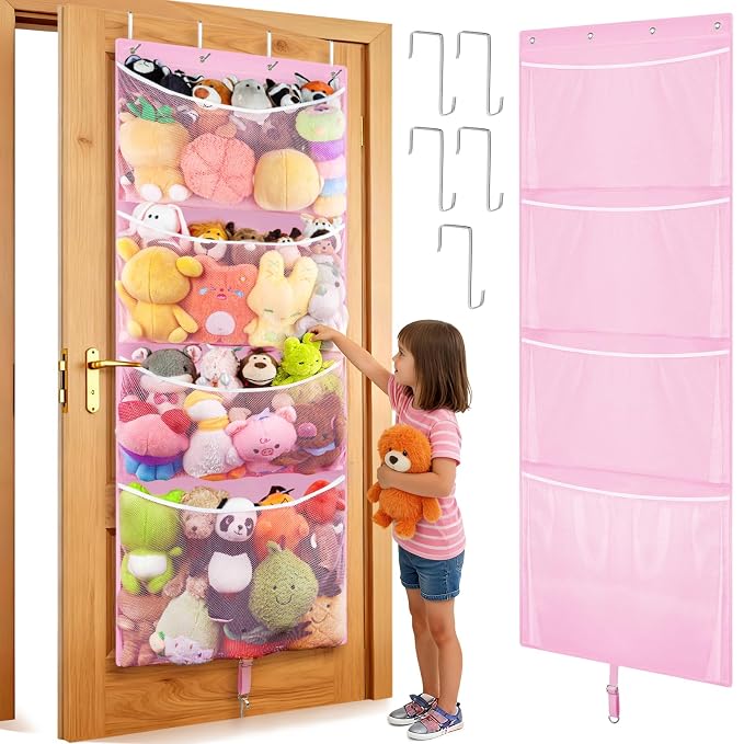 Over Door Stuffed Animal Storage, Hanging Plush Toy Organizer Holder | Behind Door Organizer with 4 Large Pockets, Mesh Hammock Bag for Doll & Bear Stuffies, Idea for Girl Boy Kid Nursery Closet