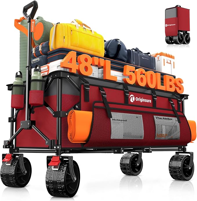 Originsure 300L Beach Wagon Cart Foldable with Big Wheels,560lbs,Grey&Red | 48" Folding Utility Wagon,7" All-Terrain Wheels,Heavy Duty Frame,Compact&Space-Saving,for Camping,Sports,Grocery,Garden