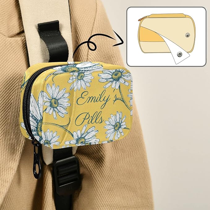 Custom Pill Box 7 Day Pill Case Bag Daisy Flowers Personalized Name Travel Pill Organizer Bag with Zipper Portable Weekly Case Compact Size for Vitamin Supplement Holder