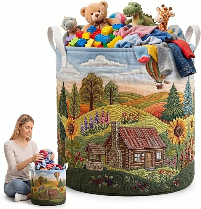 Farmhouse Laundry Hamper with Floral Embroidered Design, Large Decorative Storage Basket for Blankets Toys and Clothes(16" x 22")