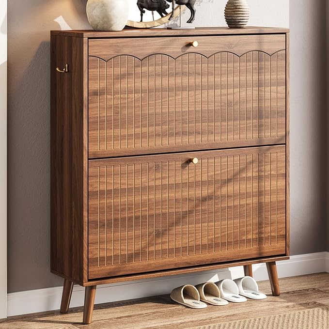 Mid-Century Modern Slim Shoe Cabinet for Entryway, 9.5" Narrow Shoe Storage Cabinet with Architectural Arched Fluted Front, Entryway Shoe Storage with Adjustable Shelves,Classic Walnut