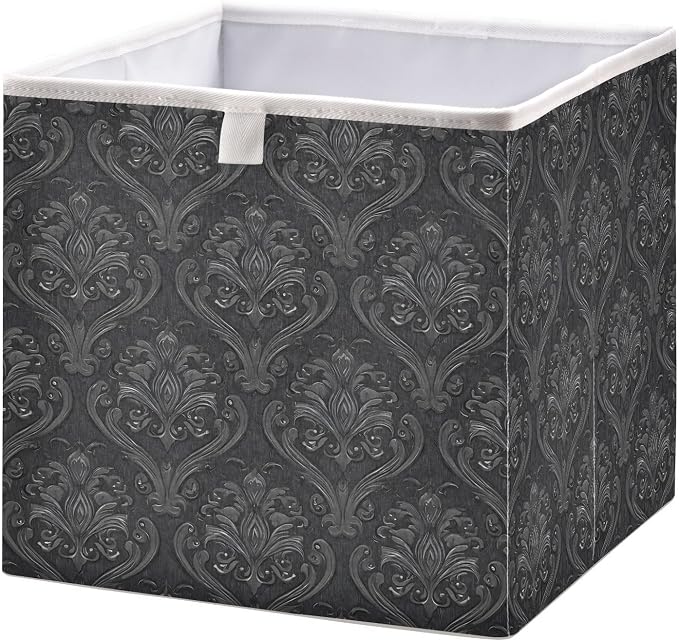 Black Damask Cube Storage Bins Collapsible Fabric Storage Baskets Large Clothes Organizer Box for Bedroom Living Room Study Room 11×11×11 In