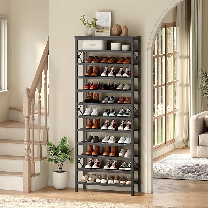 YATINEY Foldable Dog Crate Furniture and 12-Tier Tall Shoe Rack Organizer, Wooden Shoe Storage for Closet Holds 48 Pairs, Sturdy Shoe Shelf with X-Shaped Metal Support, for Entryway DC95BG-SS212BC