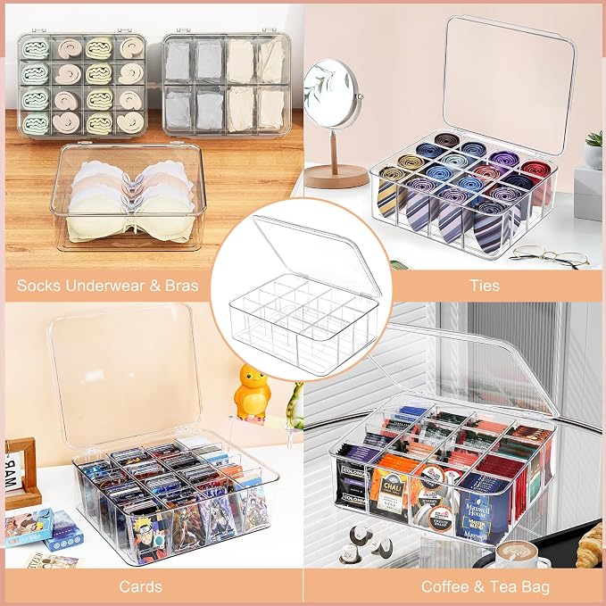 Sock Underwear Organizer, 16 Compartment Adjustable Dividers Tie Socks Underwear Drawer Organizers for Closet, Clear Plastic Storage Containers Box with Lids for Ties Scarf Socks Bras