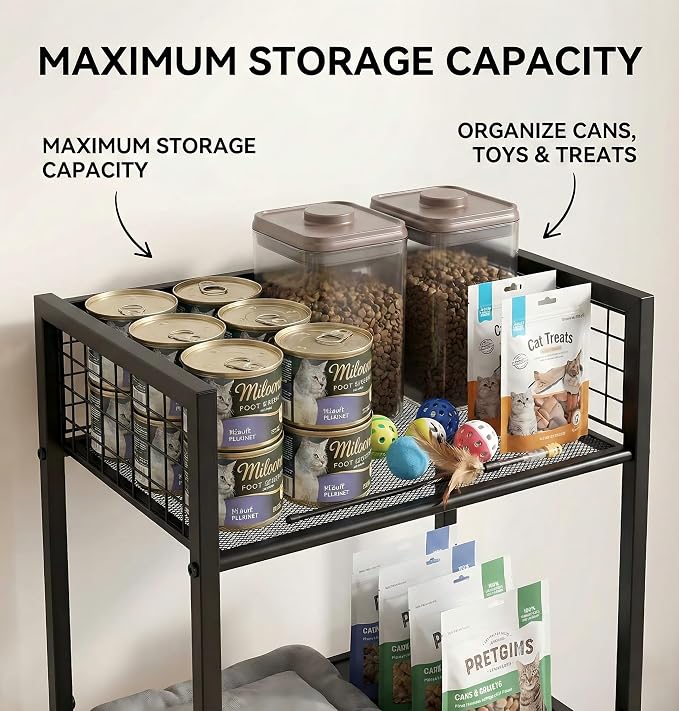 Cat Feeding Station Furniture with Scratching Post, 3-Tier Cat Food Organizer & Storage, Raised Feeding Stand with 2 Stainless Steel Bowls, Space-Saving Cat Shelf for Small Spaces, Black