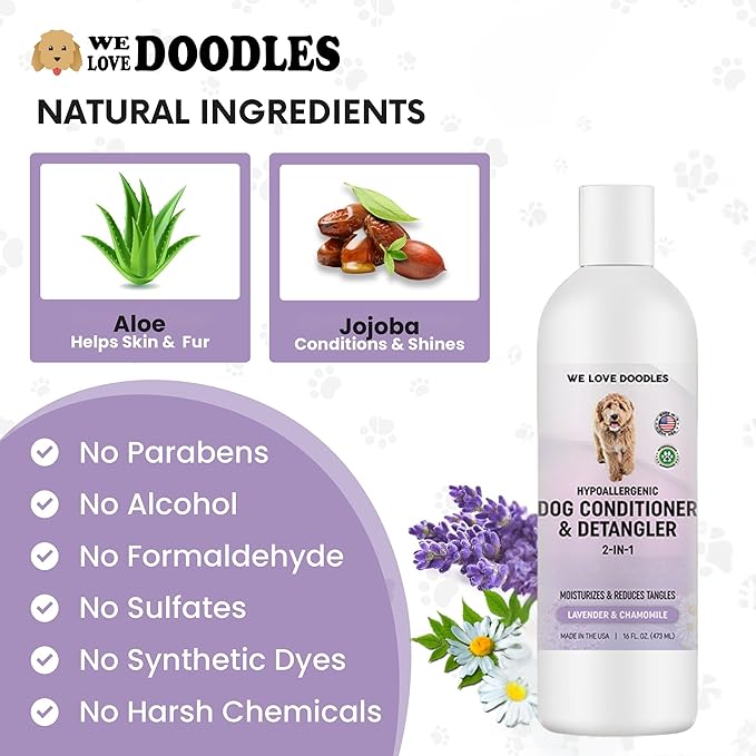 We Love Doodles Dog Conditioner & Detangler, 2-in-1 Conditioner for Allergies & Itching, Dog Lotion for Dry Itchy Skin, for Poodles & Doodles, Made in The USA, Lavender & Chamomile, 16 oz