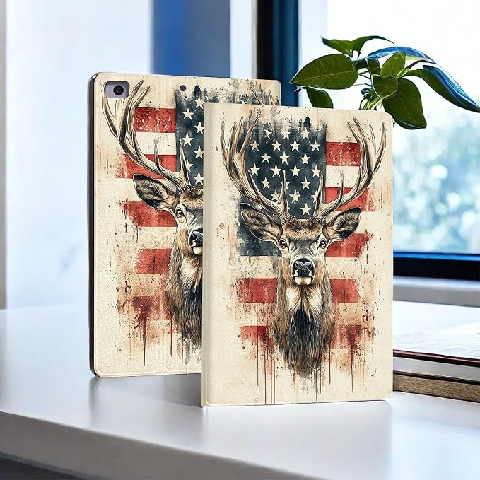 for Microsoft Surface Pro 7 Plus,Surface Pro 7/6/5/4 12.3" Tablet Case,Auto Wake/Sleep,Adjustable Stand Protective Cover - American Flag Deer