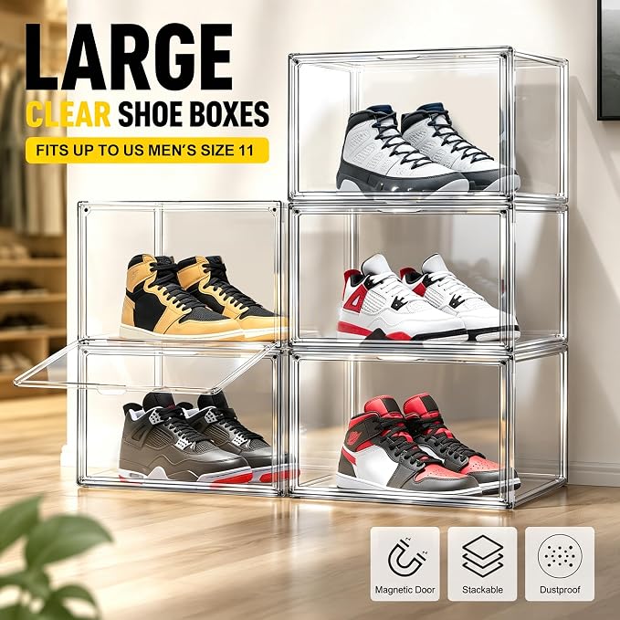 Clear High-Top Sneaker Storage Box, Acrylic Shoe Organizer 1 Pack | Extra height 10.6'' for high-top sneakers & athletic footwear Size 11. Stackable display design keeps collections organized