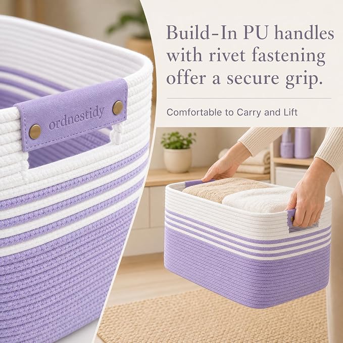 25.4GAL Collapsible Cotton Rope Extra Large Storage Basket For Bedroom Closet, Boho Rectangular Short Hamper Woven Storage Baskets for Living Room Throw Pillows Blankets Dirty Clothes, White Purple