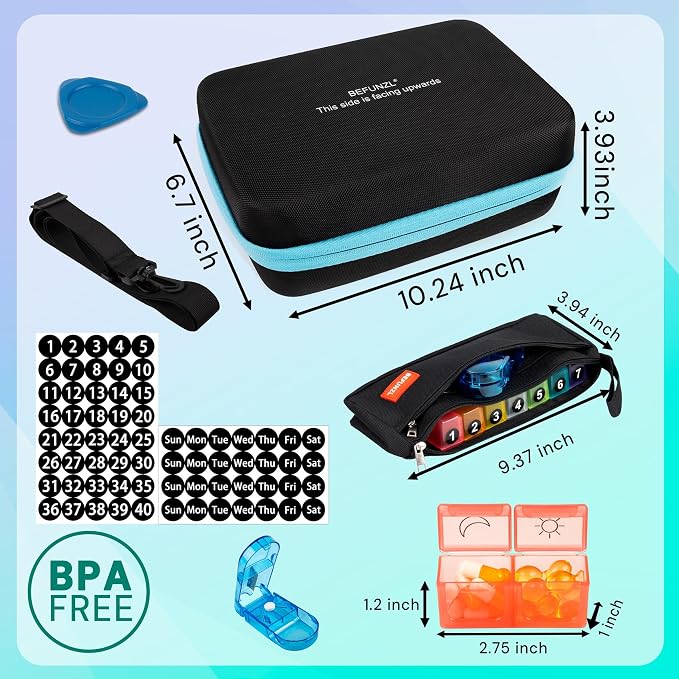 Monthly Pill Organizer, Medicine Organizer Box with Portable Hard Shell and Pill Cutter, 31 Day Pill Holder with Weekly Pill Bag (Blue, 2 Times a Day)