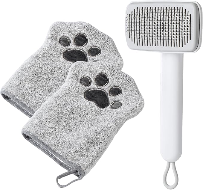 Muddi Mitt Microfiber Reusable Pet Wipes Grooming Towel Glove | Machine-Washable, Soft, Double-Sided Bath Mitt Replaces Wipes | with Self Cleaning Deshedding Grooming Brush | Dogs & Cats (Kit)