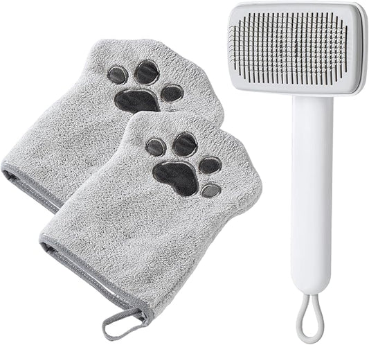 Muddi Mitt Microfiber Reusable Pet Wipes Grooming Towel Glove | Machine-Washable, Soft, Double-Sided Bath Mitt Replaces Wipes | with Self Cleaning Deshedding Grooming Brush | Dogs & Cats (Kit)