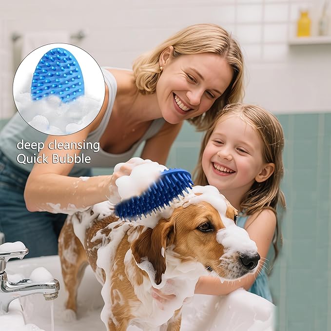 ROPO Double Sided Dog Bath Brush, Pet Grooming Tool with Long and Plum Blossom Teeth, Deep Cleaning and Massage (Blue)