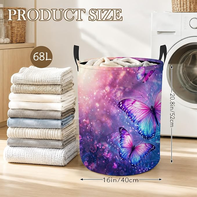 Butterfly Fantasy Laundry Basket, Foldable Oxford Cloth Purple Blue Laundry Hamper with Handles, Tote Bag Clothes Storage Bucket for Laundry Room/Bathroom/Bedroom/Dormitories 20.8"x16"
