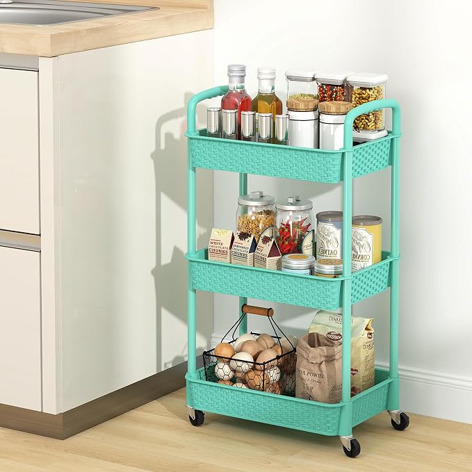 MOYIPIN 3-Tier Plastic Rolling Utility Cart with Handle,Turquoise | Utility Storage Cart for Office, Living Room, Kitchen,Movable Storage Organizer，Easy installation，Rattan-like art design