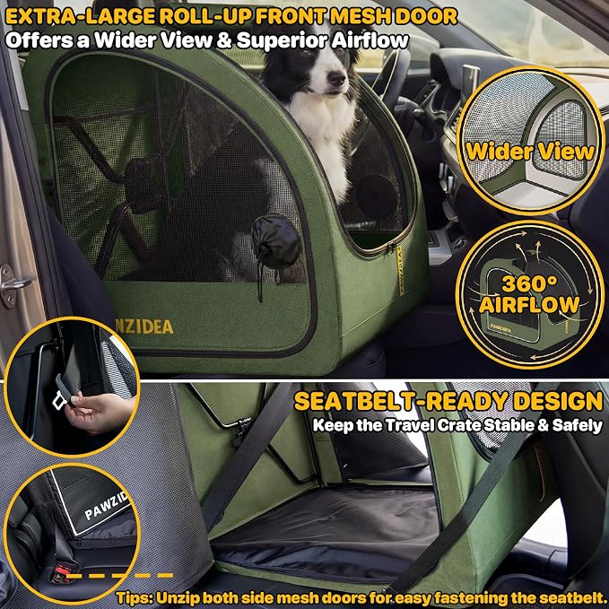 PAWZIDEA Portable Dog Crate for Car Travel, Medium & Large Dogs Up to 80lbs | Soft-Sided Dog Car Kennel for Backseat, Secures Seatbelt & Headrest Strap, Collapsible Enclosed Car Seat Carrier, Chew-Proof