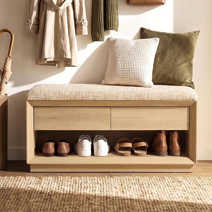 40" Wood Shoe Storage Bench, Modern Entryway Bench with Cushion | 2 Storage Drawers, Wooden Storage Bench for Bedroom End of Bed, Entryway, Mudroom, Closet, Living Room, Natural Wood