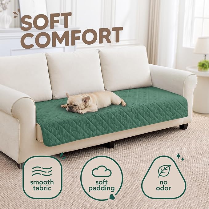 PAWFINITY Waterproof 4 Seat Couch Covers for Dogs, Pet Blanket for Sofa | Paw Print Quilted, Hair Resistant, Anti Cat Scratch, Washable Furniture Protector for 4 Seater Cushion, 35x96 Inch, Green