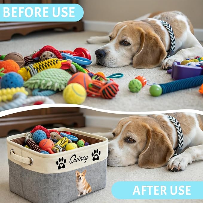 Personalized Dog Toy Storage Basket Bin with Name Photo Custom Pet Collapsible Organizer Box Container for Toys Coats Clothing Blankets