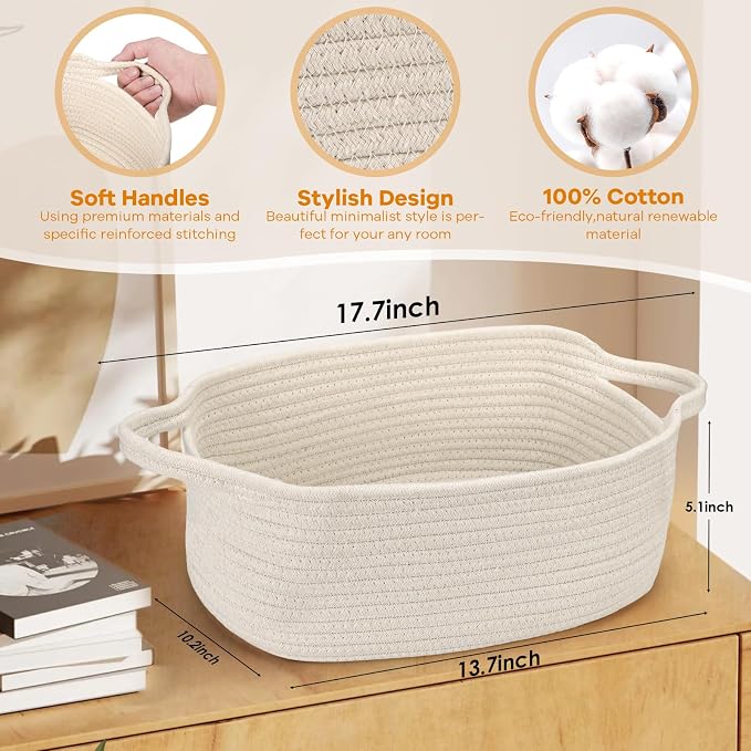 Small Woven Cotton Rope Basket Cute Baby Gift Baskets Empty Decorative Storage for Organizing Shelves Closet Baby Nursery Basket Bin Toy Storage tote Organizer 13.7"x10.2"x 5" Pure White easter