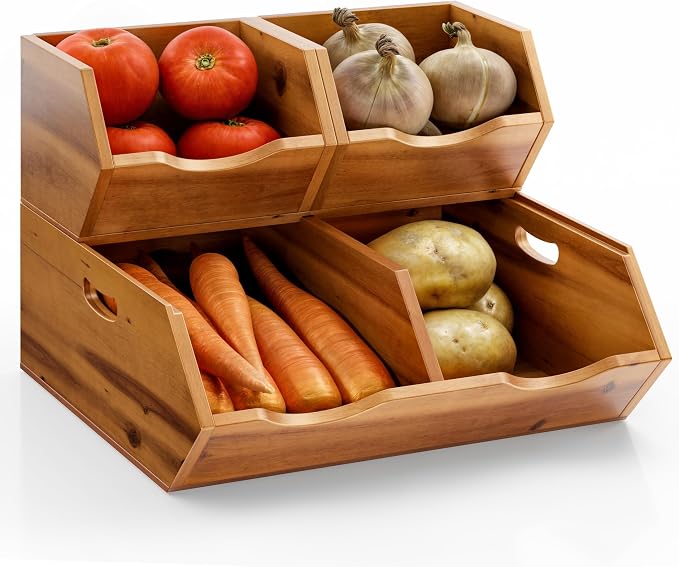 Tidita Potato & Onion Storage Bin, Stackable Pantry Bins (Patent Pending) | Acacia Wood, No Assembly, 3 Stackable Bins, Integrated Handles, 50LBS Capacity, Non-Skid Pads, Multi-Use, Acacia Wood Color