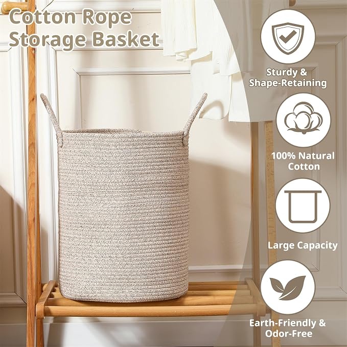 60L Large Woven Laundry Basket Hamper, 100% Natural Cotton Rope, Handwoven & Durable, Storage for Blankets, Toys, Clothes, Decorative Nursery Hamper for Living Room, Baby Room, Bedroom (Brown)