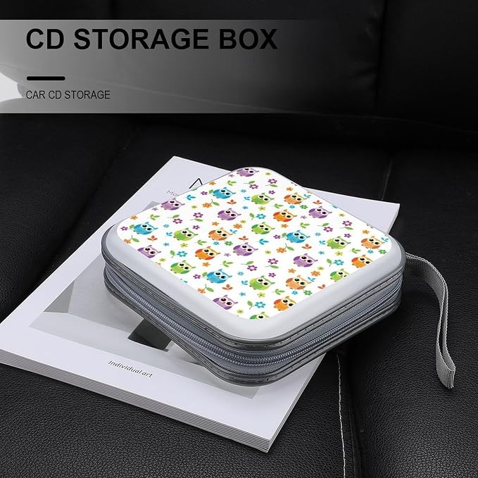 Hard Plastic Protective CD Case Floral Owl, 40-Disc Capacity Storage Binder with Zipper, Portable Organizer for Home Office