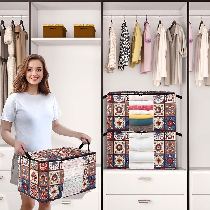 Generic Beige Mexican Tiles Clothes Storage Bag Bins 2 Pack Foldable Storage Containers Large Closet Organizer with Zipper Storage Cubes for Pillows Clothing Comforters 95L, g355896794p976c1037s2358