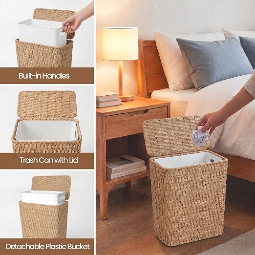 Wicker Trash Can,3 Gallon Bathroom Trash Can with Lid,Handwoven Paper Rope Rattan Waste Basket with Removable Liner and Built-in Handles for Bedroom,Toilet,Narrow Spaces,Natural