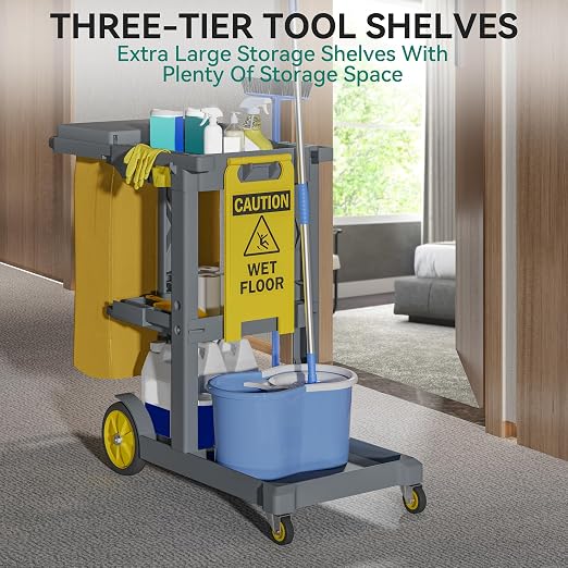 YITAHOME Grey Housekeeping Carts, Janitorial Cleaning Cart on Wheels | 3-Shelf Commercial Traditional Plastic Janitor Cart with Lid & 2 Yellow 25 Gallon Vinyl Bag, Mop & Broom Holders