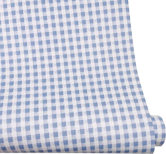Mediterranean Style Furniture Paper Blue-White Gingham Countertop Door Sticker Shelf Liner 17.7inch by 9.8 Feet by LoveFaye