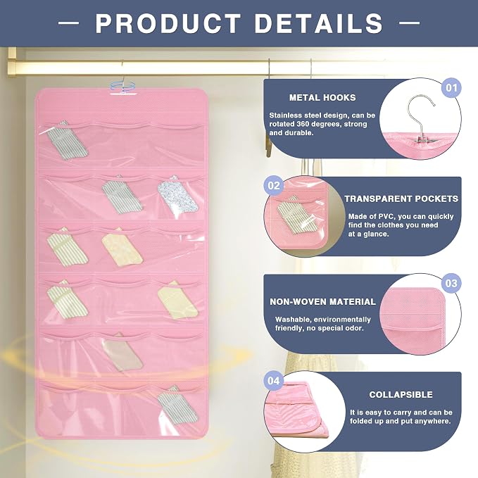26-Pocket Hanging Closet Organizer for Socks and Underwear, Pink | Non-woven clear compartments keep bras & leggings visible; swivel hook fits wardrobe, closet rod, wall, door or shelves.