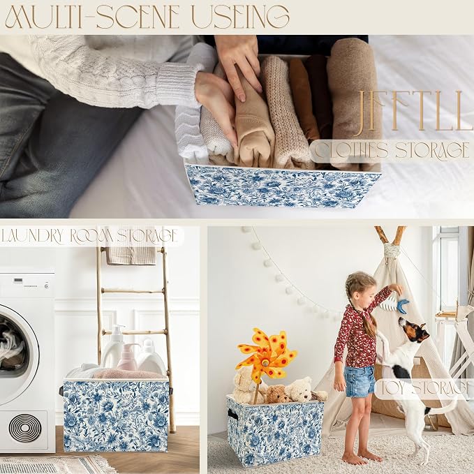 Chinoiserie Blue Floral Storage Bins with Handles, Retro Blue and White Wildflower Botanical Collapsible Laundry Basket Storage Box for Home Bedroom Bathroom Clothes Toys Books