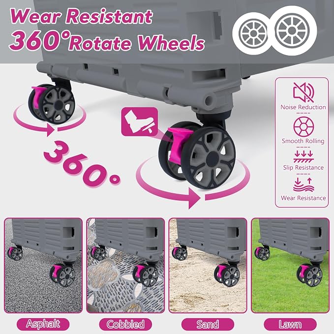 FELICON SELORSS Folding Utility Cart Portable Rolling Crate Handcart-Gray | Adjustable Handle+Extended Magnetic Lid,Storage Basket Box,4 Swivel Wheels Tote for Teacher Move Shop Travel Grocery Office
