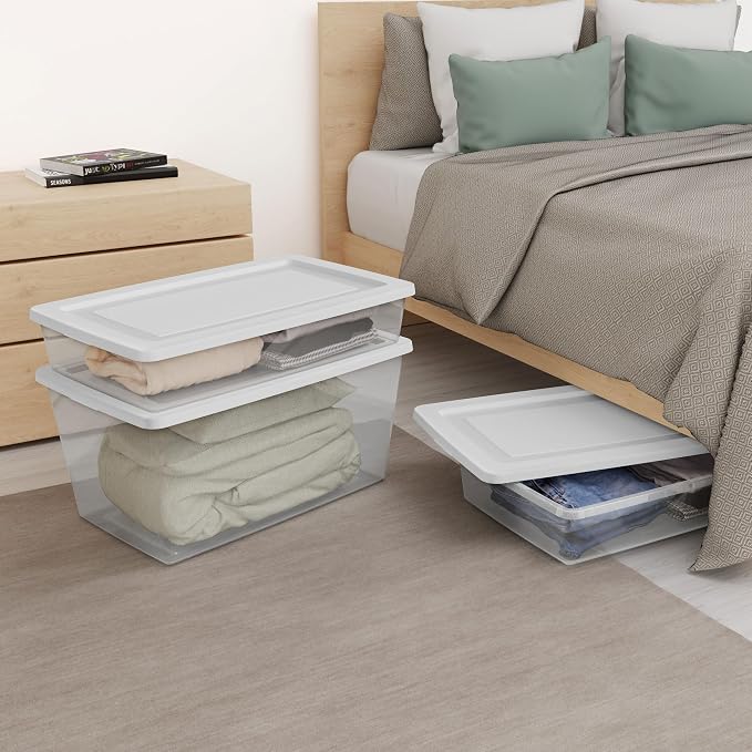 Sterilite 41 Qt Underbed Storage Box, Stackable Bin with Lid, Plastic Container to Organize Bedroom, Clear Base and White Lid, (Pack of 6) | Clear Plastic Containers with Secure Snapping White Lids for Home and Office Organization