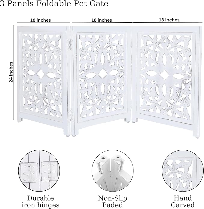 Lightnpro Wooden Pet Gate – Decorative Carved Foldable Dog Fence, Extra-Wide Freestanding Indoor Safety Gate for Small Dogs – 24x18 Inch Antique White