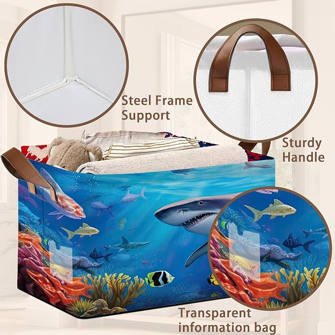 Shark Pattern Storage Basket Large 17x11.5x10.5 Inches -Collapsible Fabric Organizer Bin with Handles for Kids Room, Underwater Theme, Boys Room-Decorative Hamper with Marine Life Graphics-Single Pack