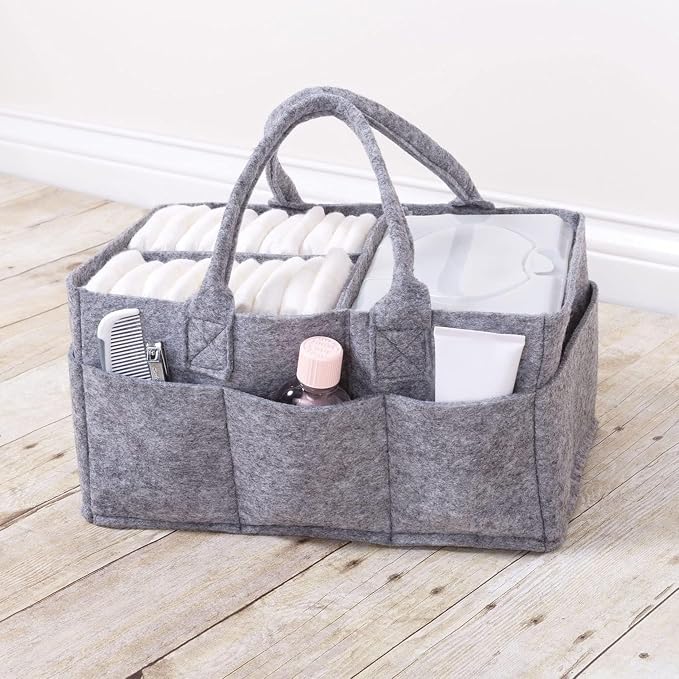 Sammy & Lou Collapsible Light Gray Felt Storage Caddy, Divided Design To Keep Diapers, Wipes And Changing Items Organized, Two Handles, 11.5"D x 6"W x 8"H