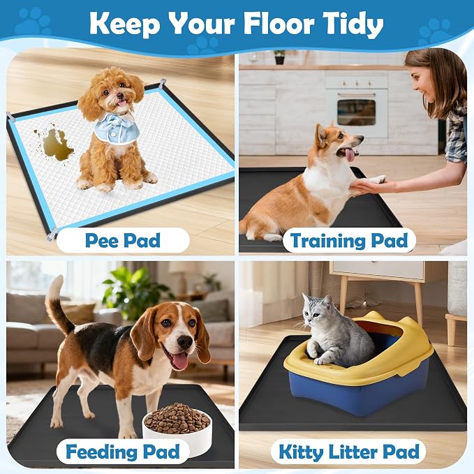 Dog Pee Pad Holder, 2 Pack Dog Potty Tray Silicone Puppy Pad Holder Tray Fits for 24" x 24" Training Pads, Puppy Potty Tray With 8 Clamps No Spill Raised Lip High Edge for Floor Protection (Black)